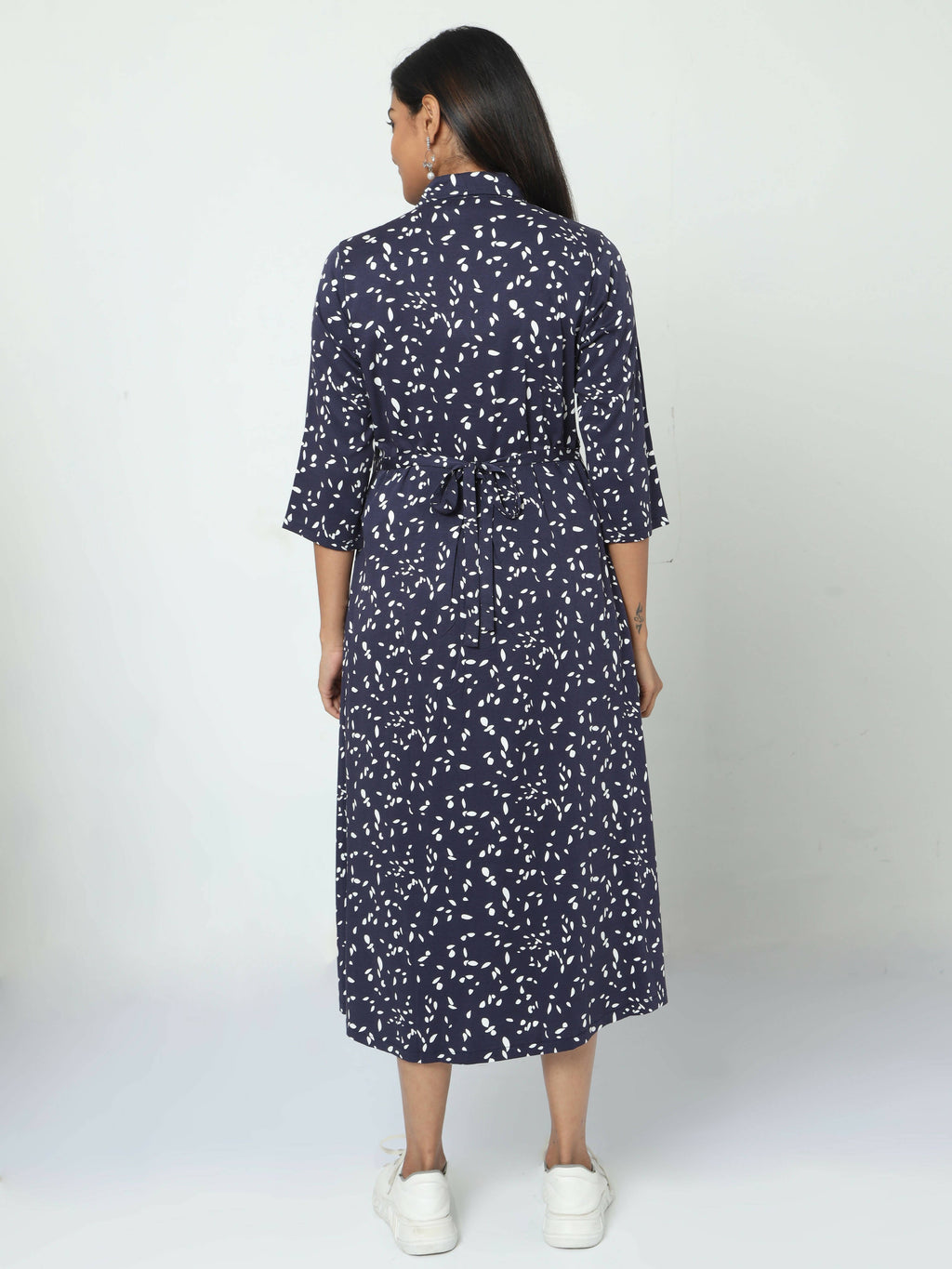 Manet Three Fourth Maternity Dress White Dot Print With Concealed Zipper Nursing Access - Navy Blue | Grocsy