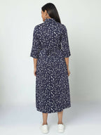 Manet Three Fourth Maternity Dress White Dot Print With Concealed Zipper Nursing Access - Navy Blue | Grocsy