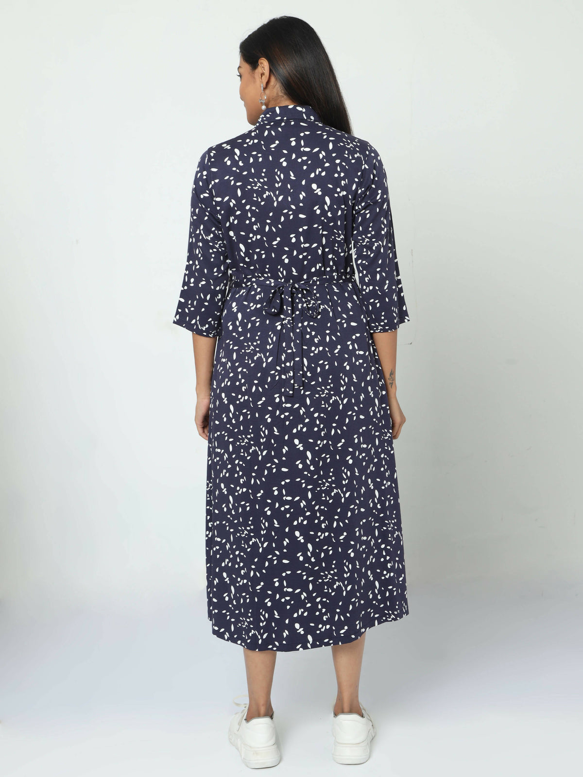 Manet Three Fourth Maternity Dress White Dot Print With Concealed Zipper Nursing Access - Navy Blue | Grocsy