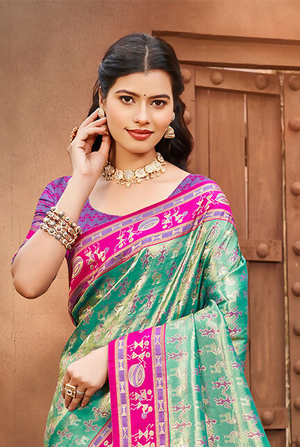 Sangam Prints Green Kanjivaram Silk Woven Work Traditional Saree | Grocsy