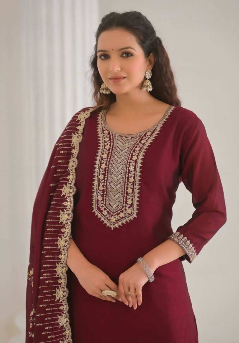 Ethnic Festive Wear Vichitra Silk Wine Stitched Suit With Dupatta - Tanisha | Grocsy