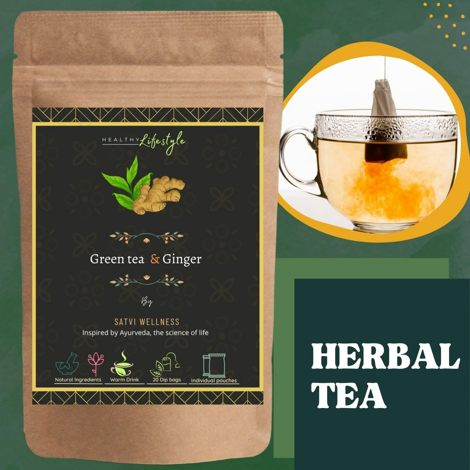 Satvi Wellness Green Tea With Ginger Tea Bags | Herbal Tea | Grocsy
