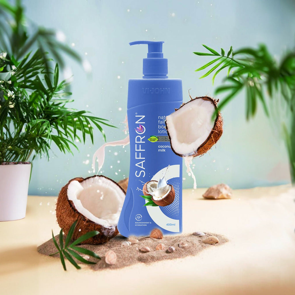 VI-JOHN Saffron Natural Fairness Body Lotion Coconut Milk Deep Hydration & Radiant Glow For All Skin Types | Grocsy