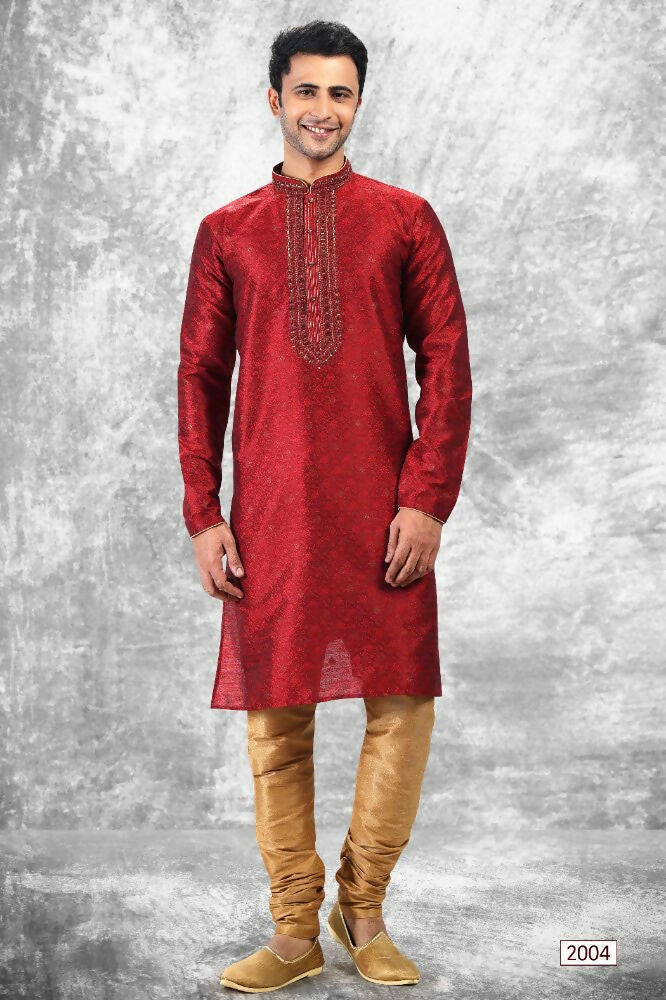 Raivat Ethnic Jacquard Silk Brocade Mirror and Thread Work Kurta Pajama In Maroon Colour | Grocsy
