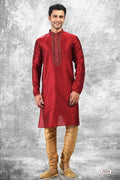 Raivat Ethnic Jacquard Silk Brocade Mirror and Thread Work Kurta Pajama In Maroon Colour | Grocsy