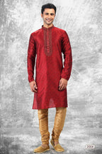 Raivat Ethnic Jacquard Silk Brocade Mirror and Thread Work Kurta Pajama In Maroon Colour | Grocsy