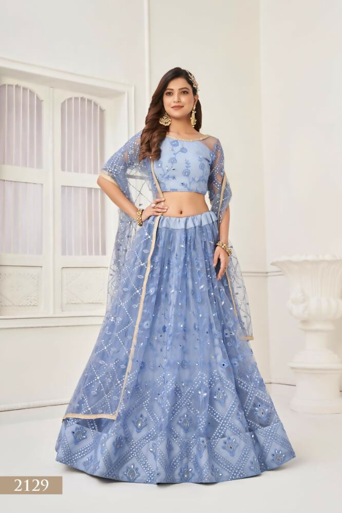 Aastha Fashion Neon Blue Butterfly Net Tone To Tone Thread Work, Sequence Work Embroidery With Original Mirror Handwork Wedding Wear Lehenga Choli | Grocsy