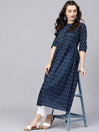 Vamika Navy Blue Printed Cotton Party/Casual Wear Kurta Set/Suit | Grocsy