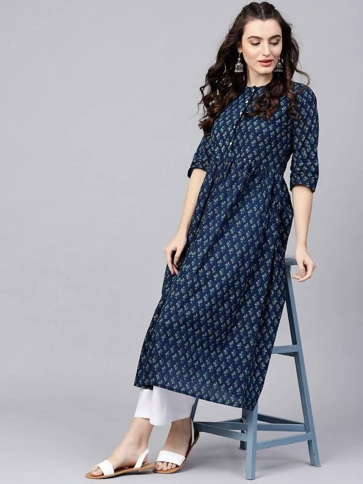 Vamika Navy Blue Printed Cotton Party/Casual Wear Kurta Set/Suit | Grocsy