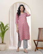 Vaasva Women Pink Cotton Printed Straight Kurti With Pant | Grocsy