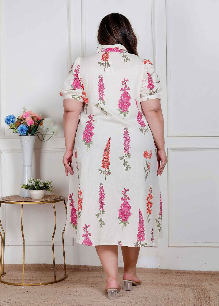 Miravan Plus Size Womens Off White Flower Printed Cotton Flex Maxi Dress | Grocsy
