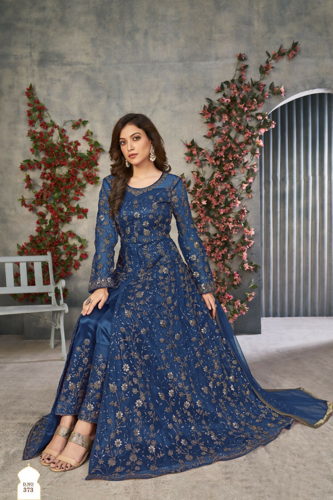 Anaita Blue Embroidered Net Stitched Anarkali suit | Grocsy