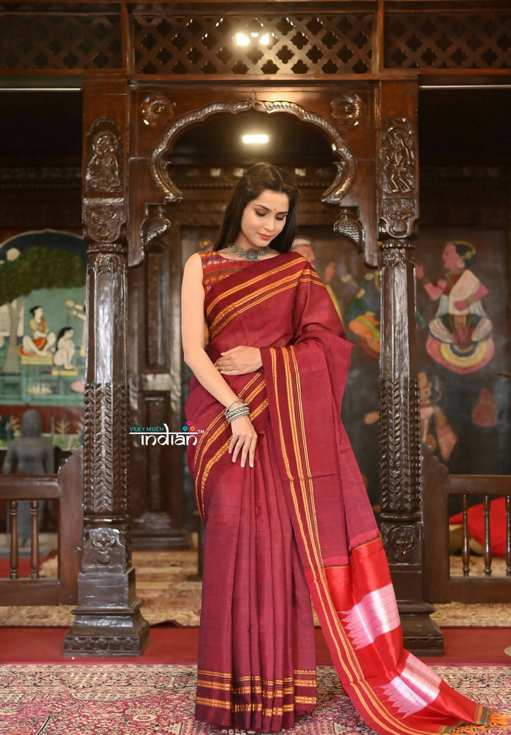 Very Much Indian Handloom Cotton Viscose Ilkal Saree Bright Maroon With Red Border | Grocsy
