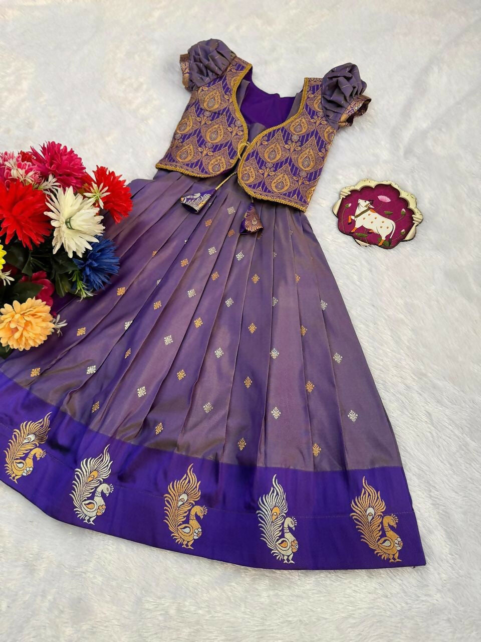 Teeya Creation New Latest Girls Purple Silk Pattu Pavadai Lehenga Choli Set With Brocade Koti-Purple | Grocsy