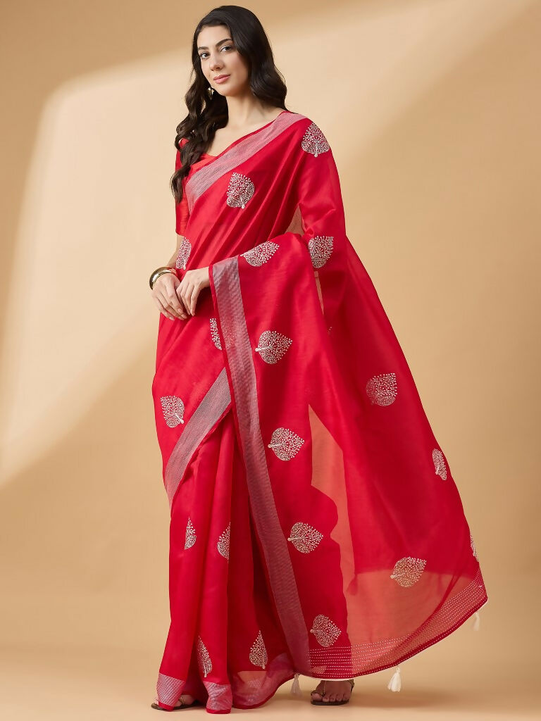 Red Cotton Blend Thread Embroidered Saree with Unstitched Blouse - Satya | Grocsy