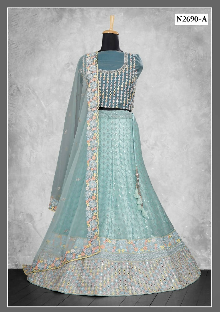 Sea Green Net Mirror With Thread Work Lehenga Choli - Nimaya Ishani | Grocsy