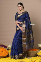 Very Much Indian Rajsi - Handloom Ari Checks Cotton Silk Saree With Golden Border - Dark Blue | Grocsy