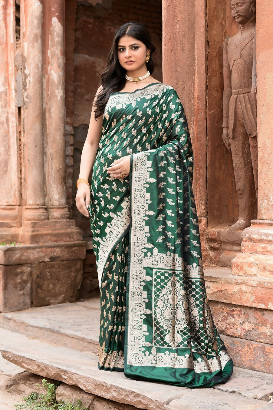Joban Fashion Emerald Green Banarasi Katan Pure Handloom Banarasi Silk Saree | Grocsy