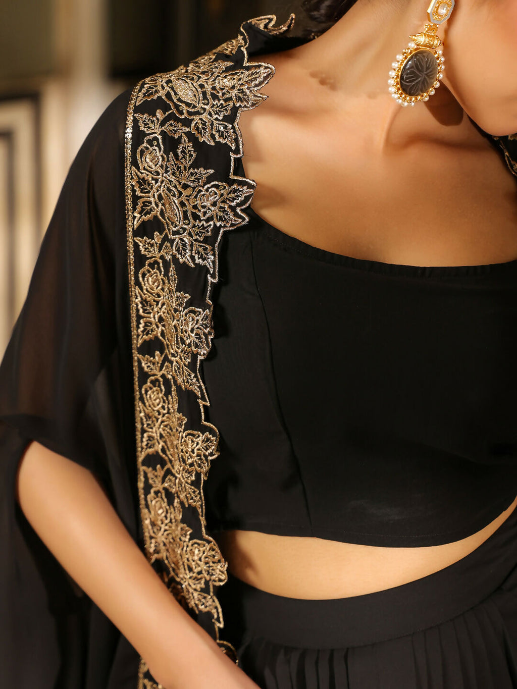 Janasya Black Georgette Solid Top Bottom Cape | Grocsy