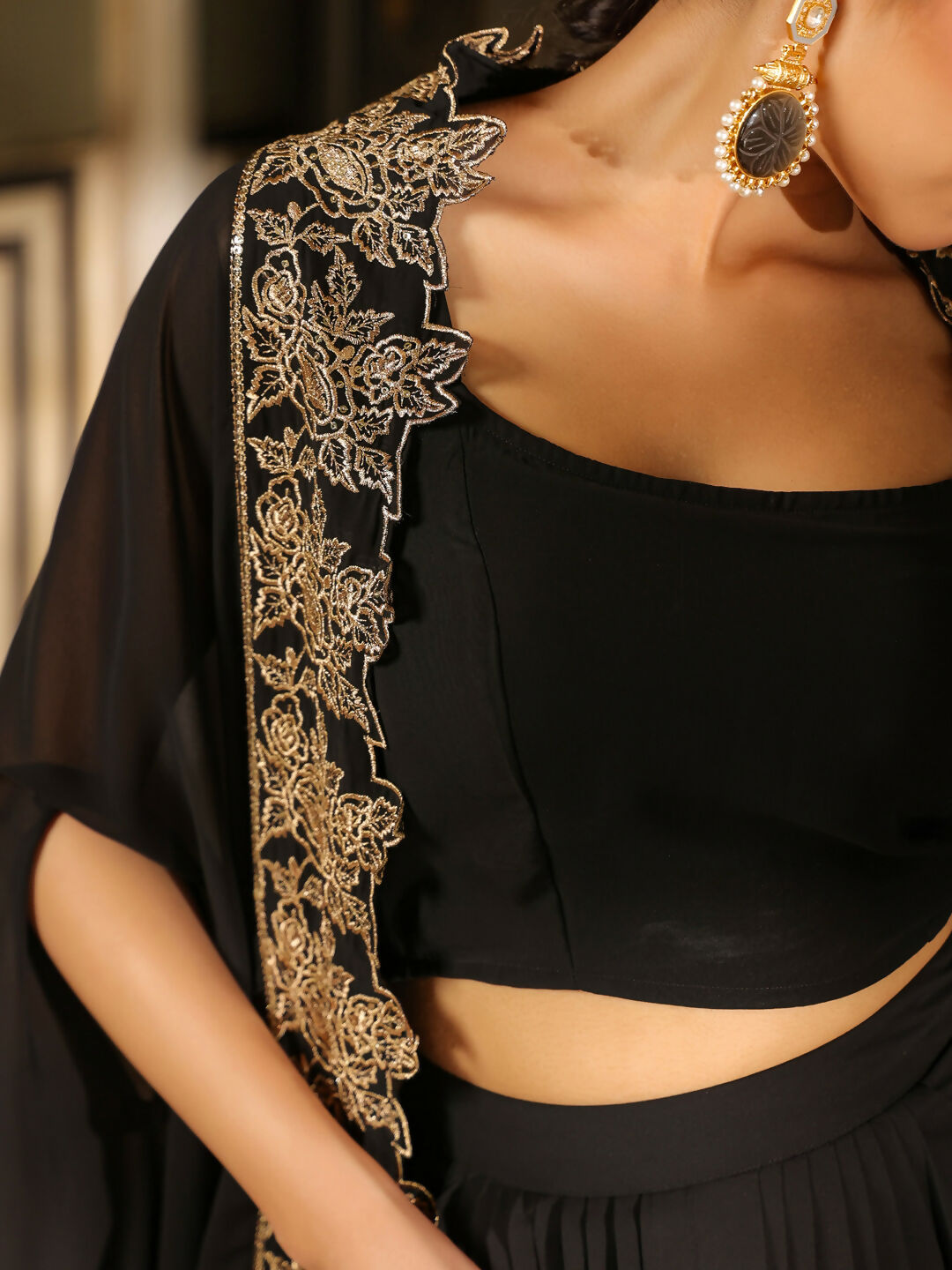 Janasya Black Georgette Solid Top Bottom Cape | Grocsy