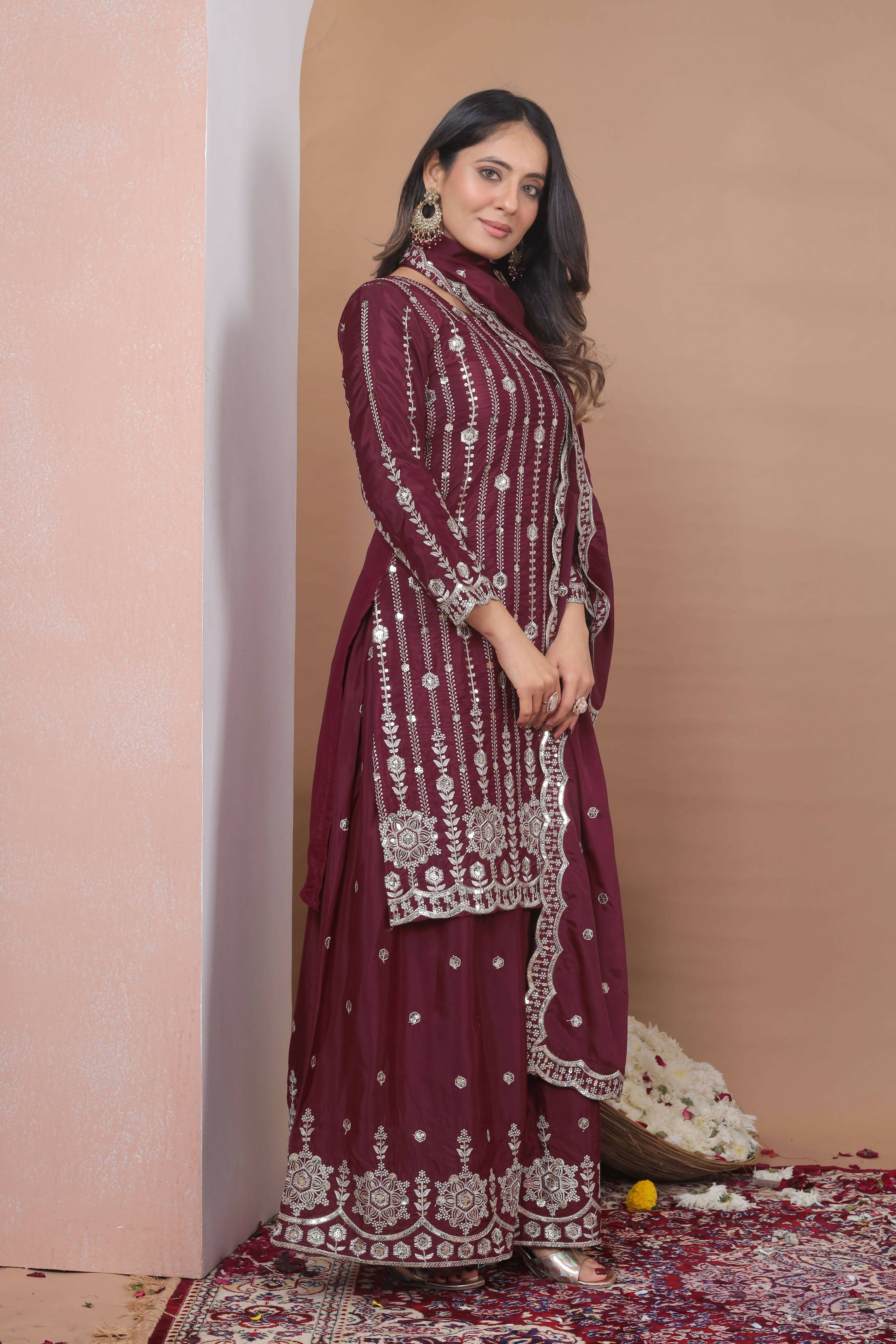 The52 Women's Gorgeous Embroidery Work Natural Crep Fabric Straight Kurta Sharara and Dupatta Set | Grocsy
