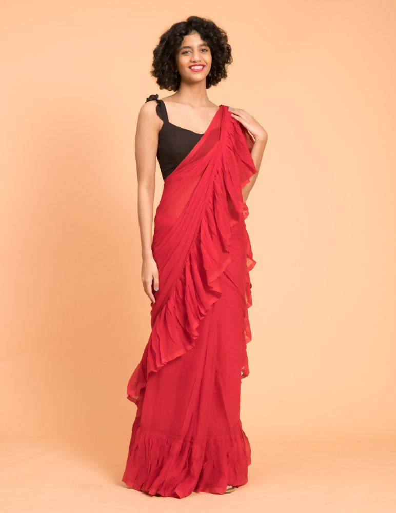 Suta Red Pure Cotton Solid Ruffle Saree | Grocsy