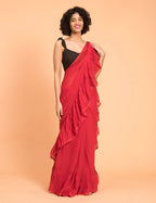 Suta Red Pure Cotton Solid Ruffle Saree | Grocsy