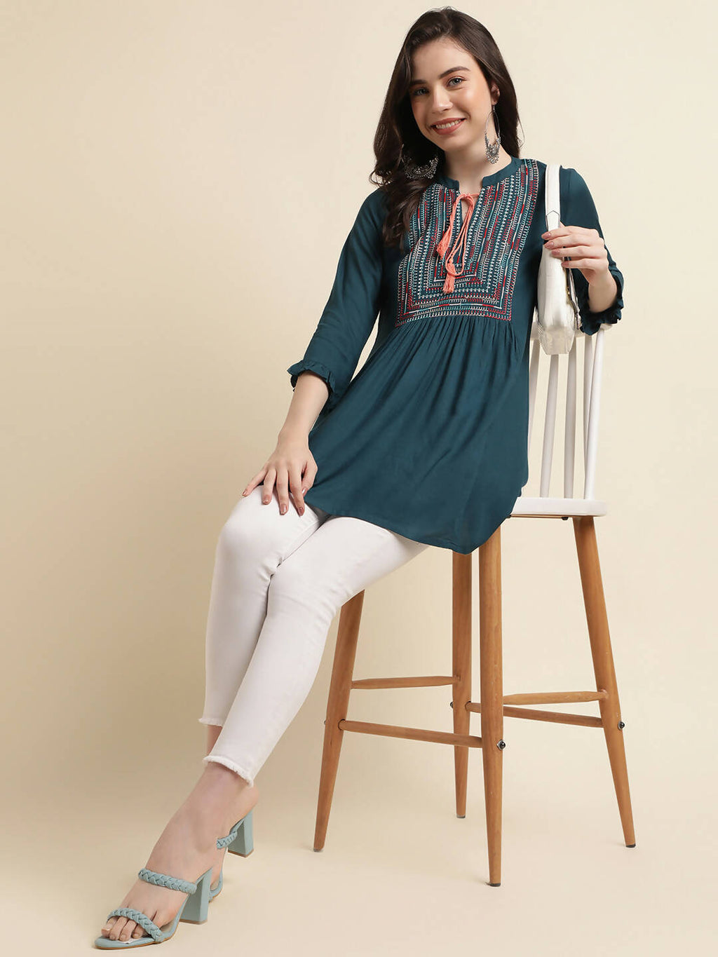 Teal Rayon Yoke Embroidered A-line Top - Tarini | Grocsy