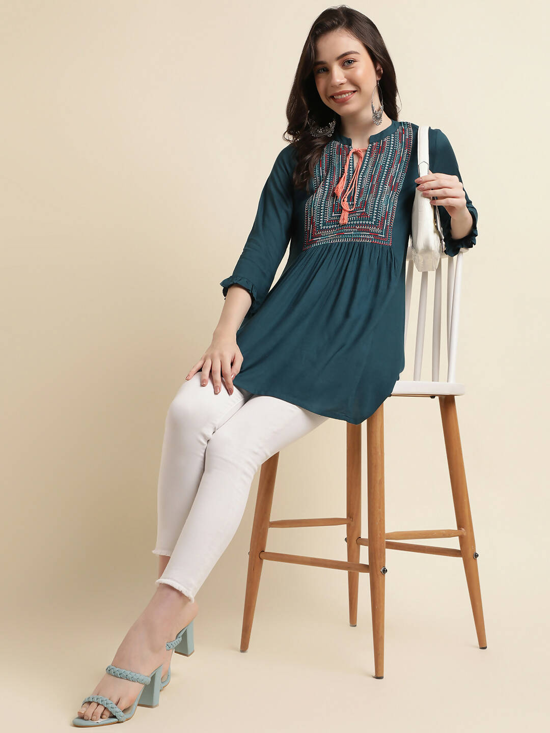 Teal Rayon Yoke Embroidered A-line Top - Tarini | Grocsy