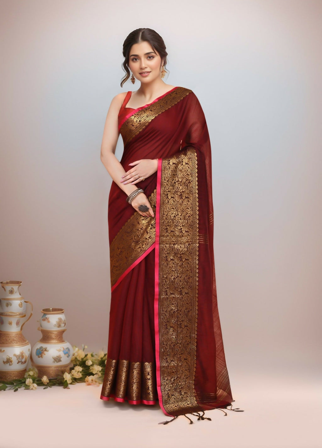 Joban Fashion Maroon Cotton Blend Handloom Saree | Grocsy