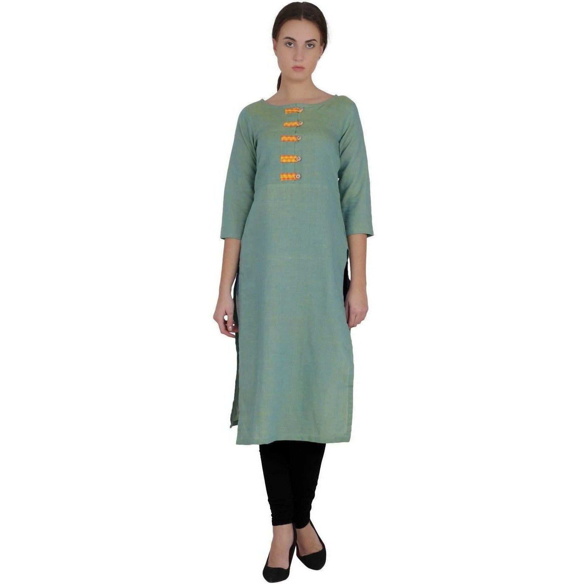 Kanoor Women's Green Cotton Straight Kurti | Grocsy