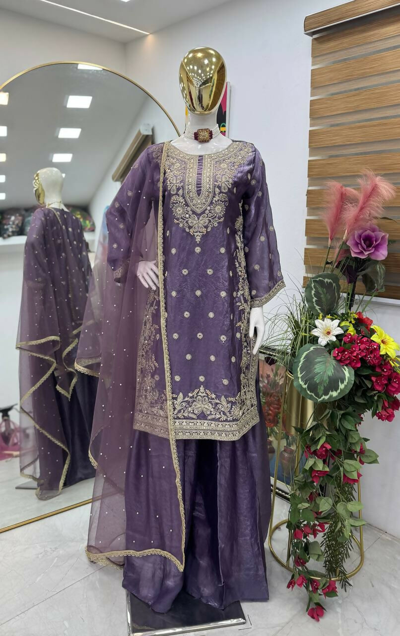 Teeya Creation New Trendy Womens Wedding Wear Kurta Palazzo Set - Lavender | Grocsy