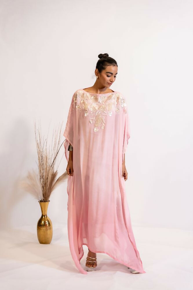 Timaraa Luxe Blush Pink Embroidered Kaftan Dress | Grocsy