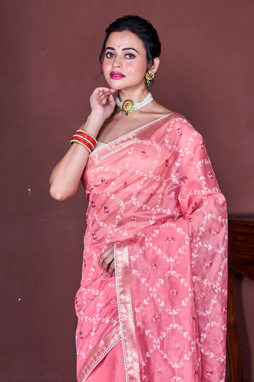 Morchari Peach Cotton Chanderi Embroidery Saree Unstitched Blouse | Grocsy