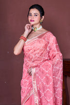 Morchari Peach Cotton Chanderi Embroidery Saree Unstitched Blouse | Grocsy