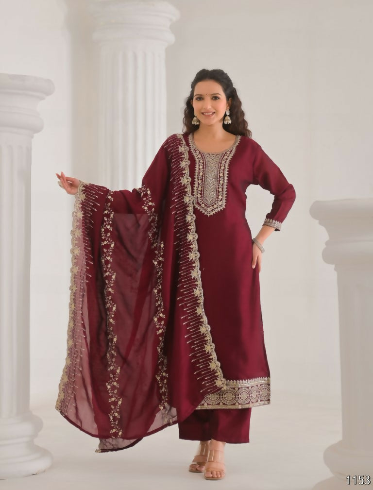 Ethnic Festive Wear Vichitra Silk Wine Stitched Suit With Dupatta - Tanisha | Grocsy