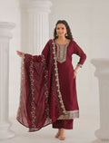 Ethnic Festive Wear Vichitra Silk Wine Stitched Suit With Dupatta - Tanisha | Grocsy