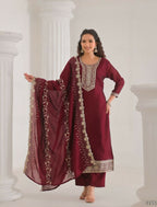 Ethnic Festive Wear Vichitra Silk Wine Stitched Suit With Dupatta - Tanisha | Grocsy