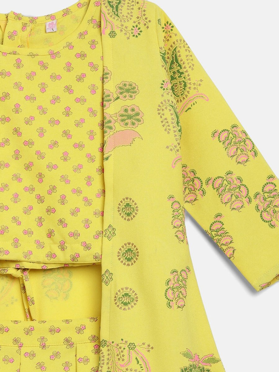 Ahalyaa Yellow Viscose Rayon Printed Kids Top & Palazzo Sets With Jacket For Girls | Grocsy