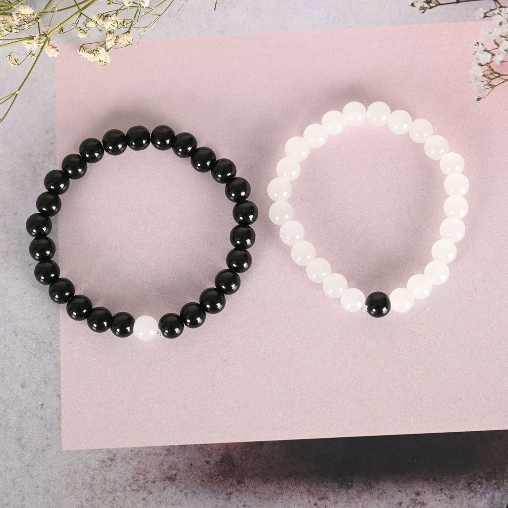 NVR Men & Women White & Black Marbel Crystal Elasticated Bracelet | Grocsy
