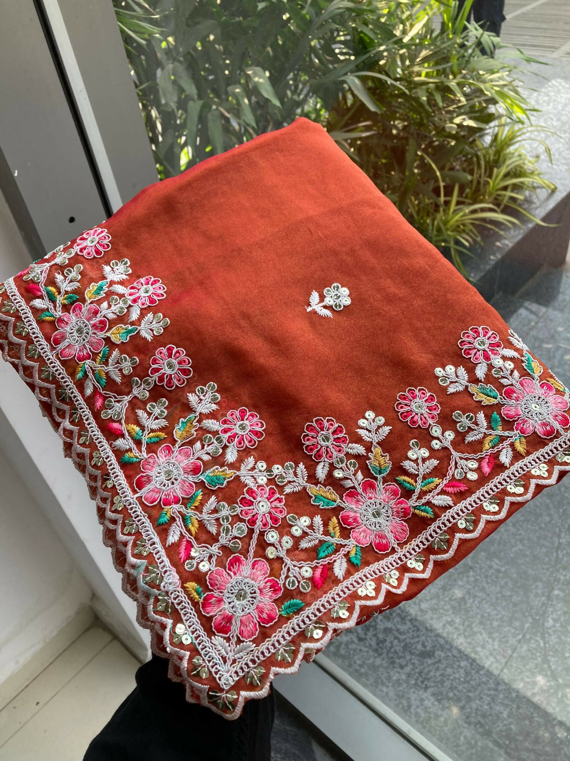 Teeya Creation New Trendy Wedding Special Party Wear Soft Nxc Moss Chiffon Saree-Orange | Grocsy