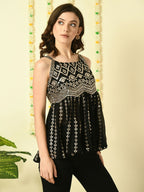 Myshka Women's Black Embroidered Party Fusion Top | Grocsy