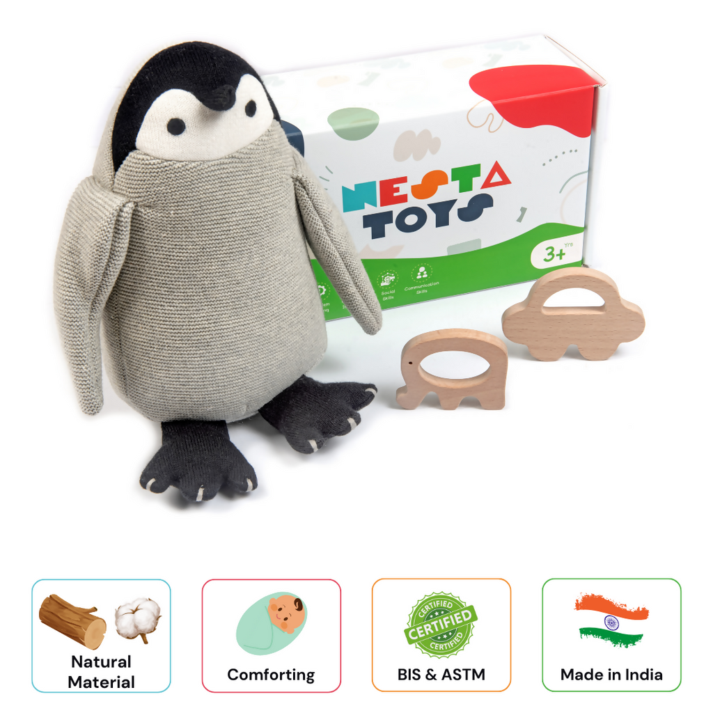 Nesta Toys Newborn Gift Set - Penguin Plush Toy, Wooden Elephant & Car Teether | Grocsy