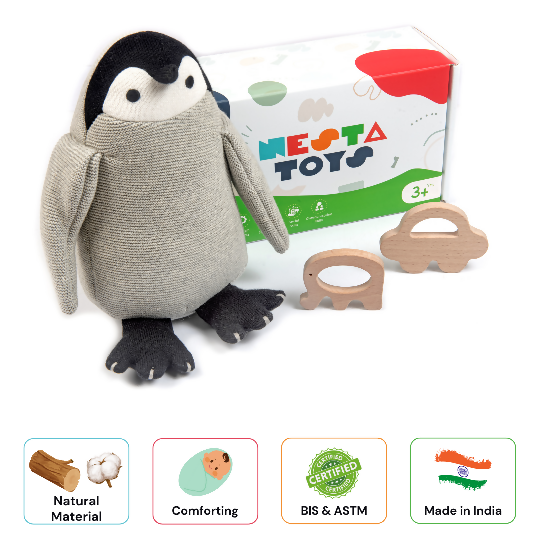 Nesta Toys Newborn Gift Set - Penguin Plush Toy, Wooden Elephant & Car Teether | Grocsy