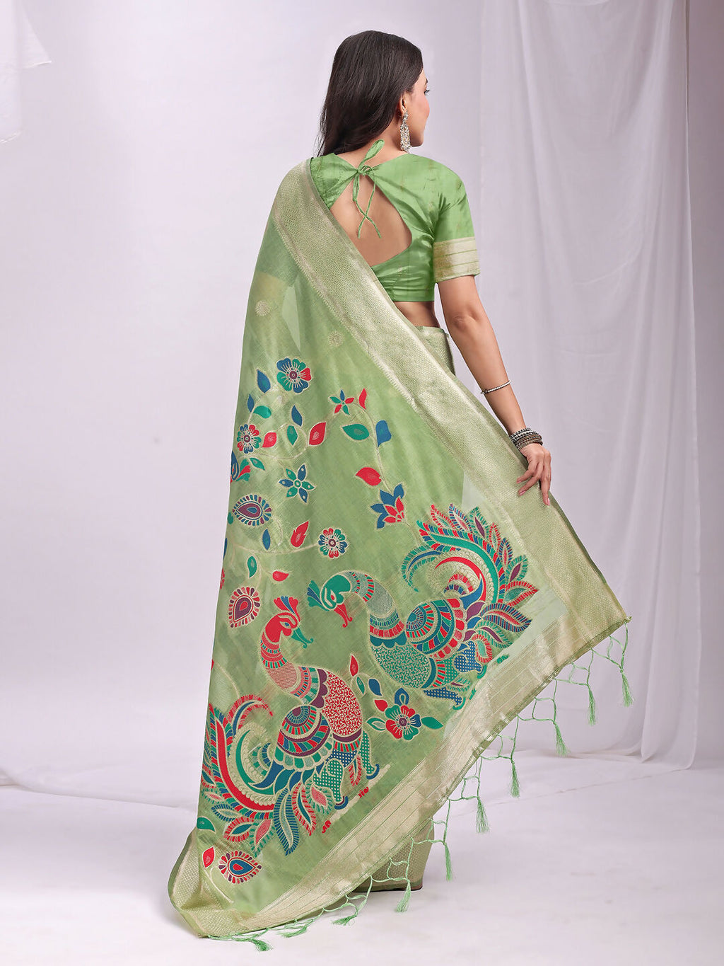 Shree Shyam Fashion Linen Cotton Light Green Saree | Grocsy