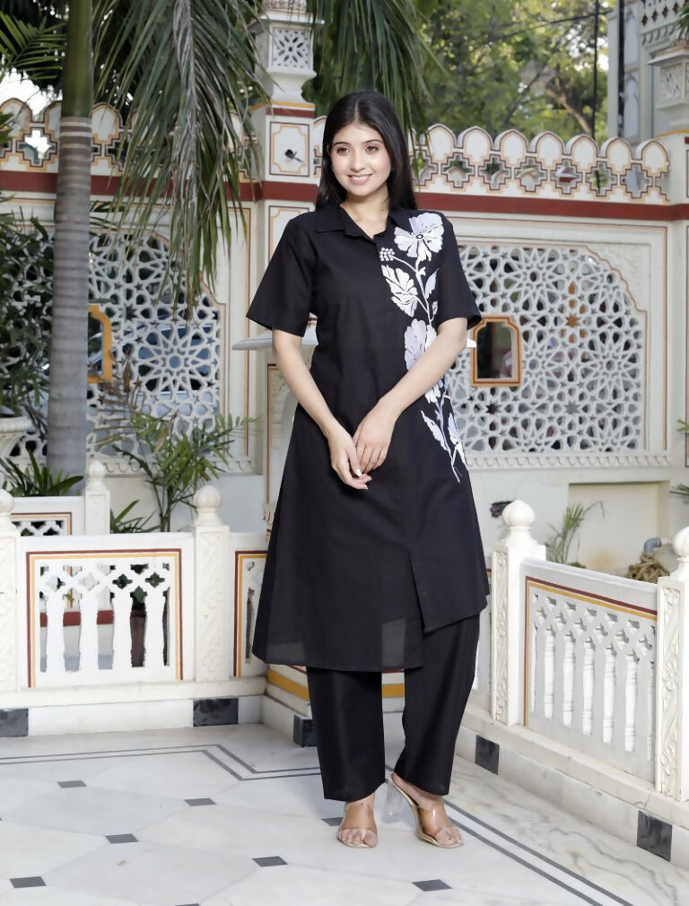 Miravan Women's Black Pure Cotton Floral Embroidered High Low Co-Ord Set | Grocsy