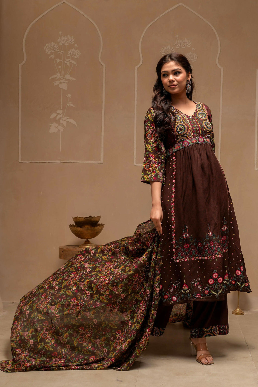 Juniper Brown Floral Viscose Kurta Pant Dupatta Set With Thread Work And Sequence | Grocsy