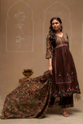 Juniper Brown Floral Viscose Kurta Pant Dupatta Set With Thread Work And Sequence | Grocsy