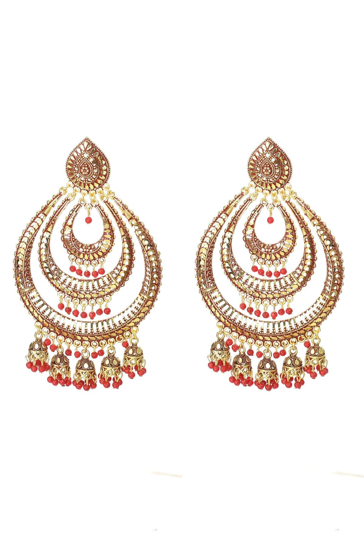 Mominos Fashion Johar Kamal Triple Circle White With Red Big Size Earrings | Grocsy