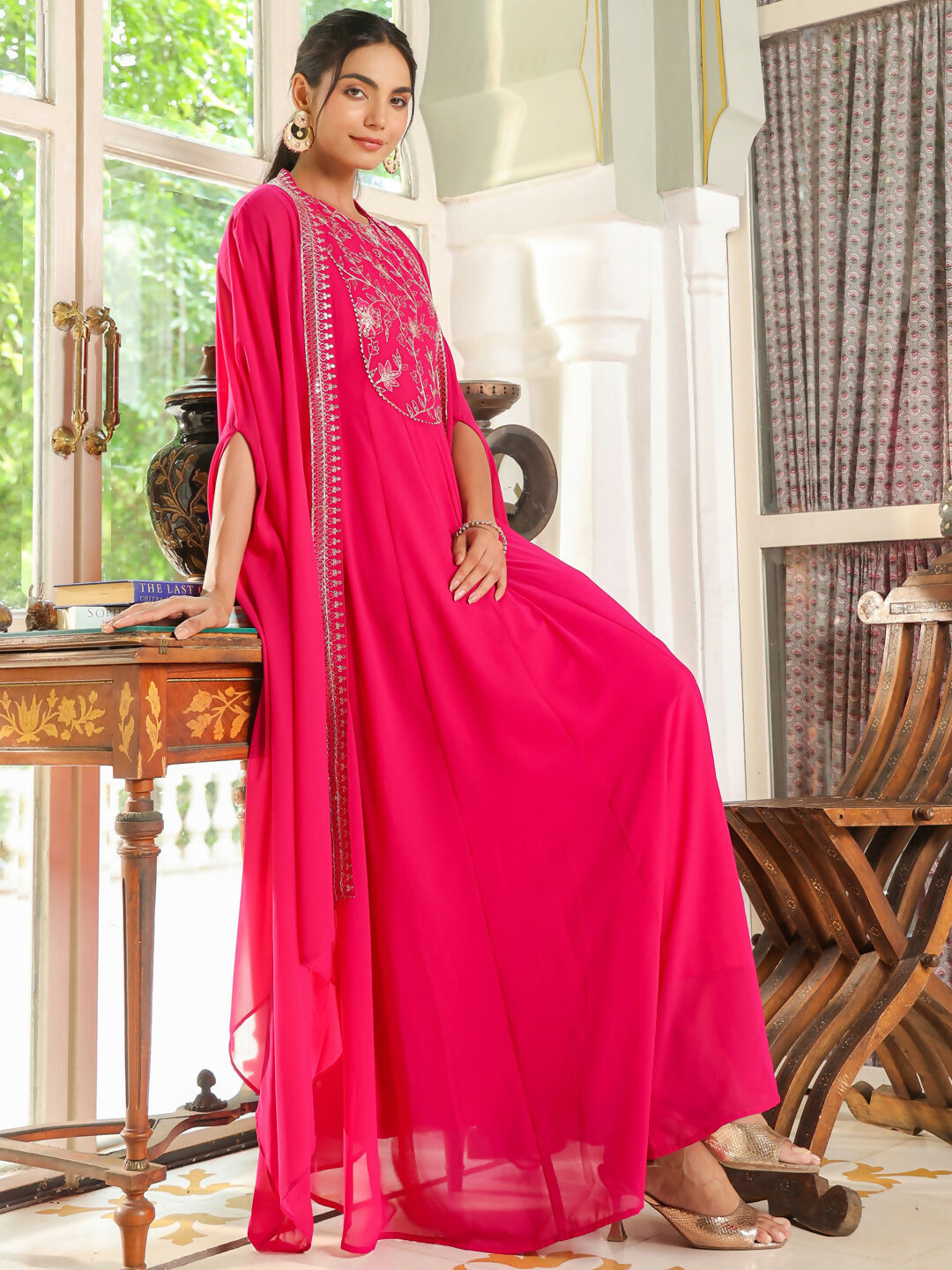 Janasya Pink Georgette Embroidered Dress & Cape | Grocsy